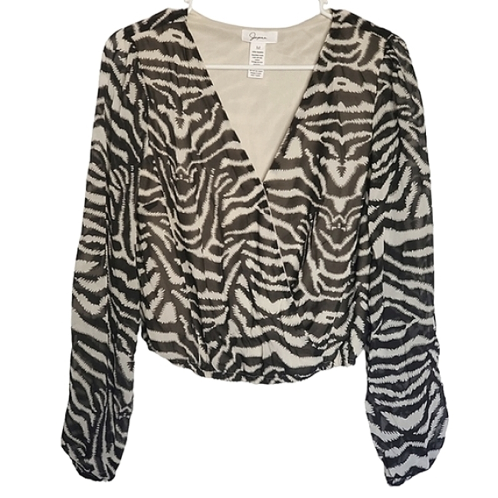 1130 * Japna Zebra Animal Print V Neck Cropped Blouse Black Cream M NWT